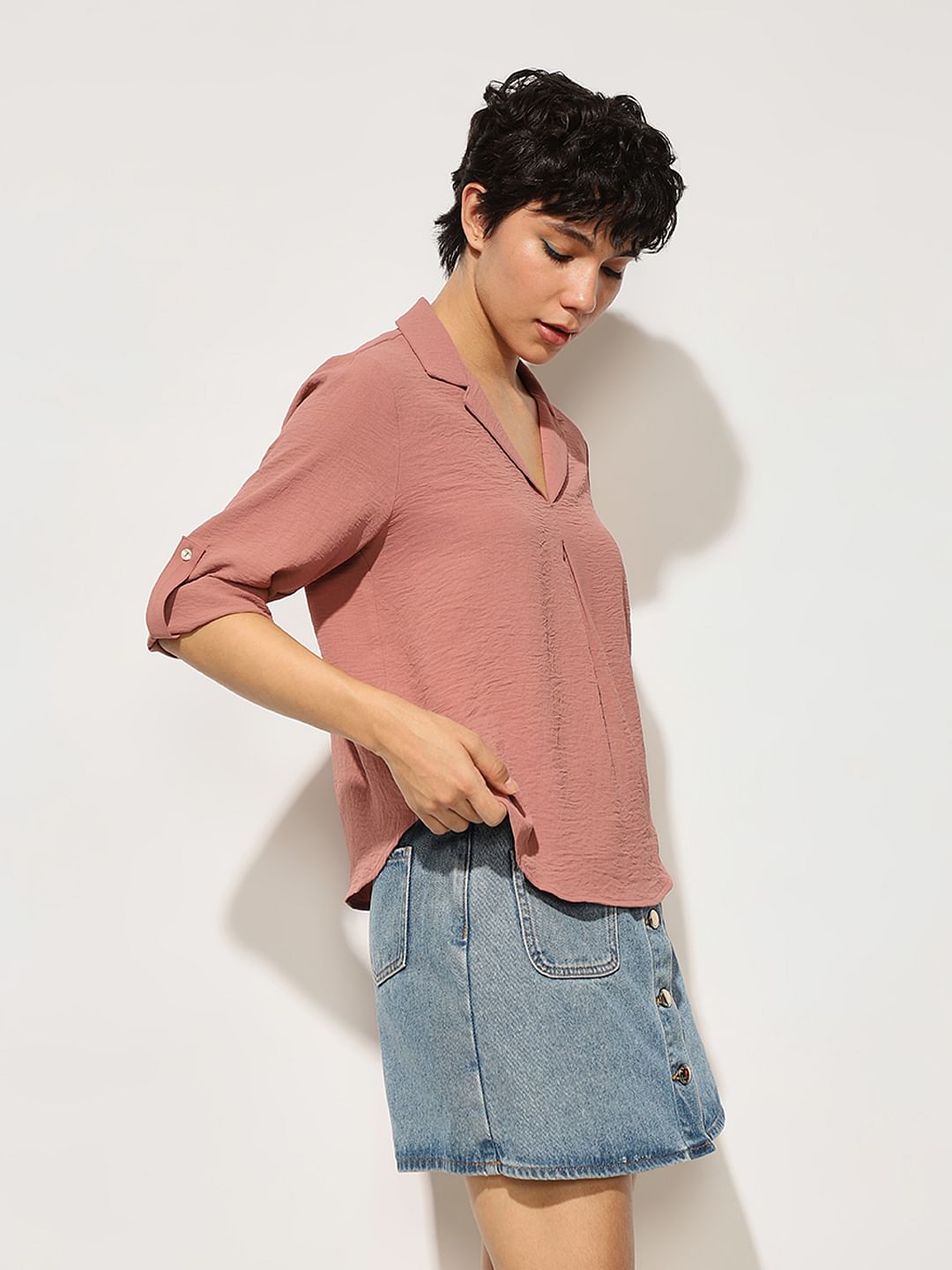 Pink Textured Resort Collar Top