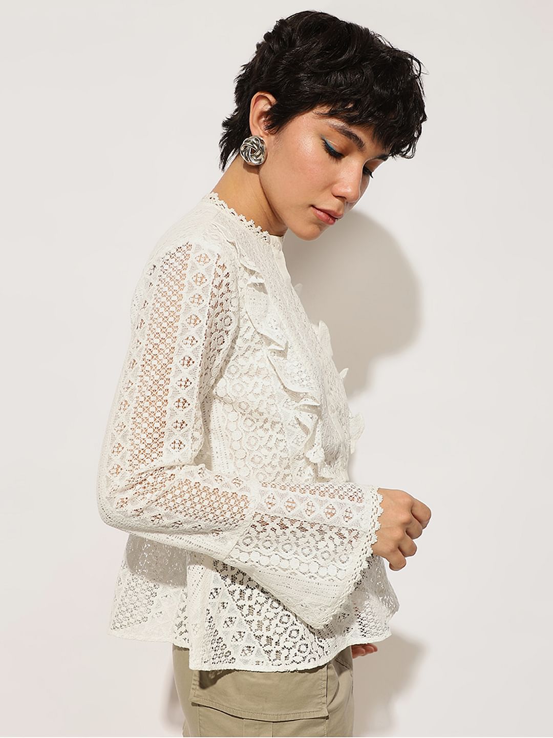 White Frill Trim Lace Peplum Top