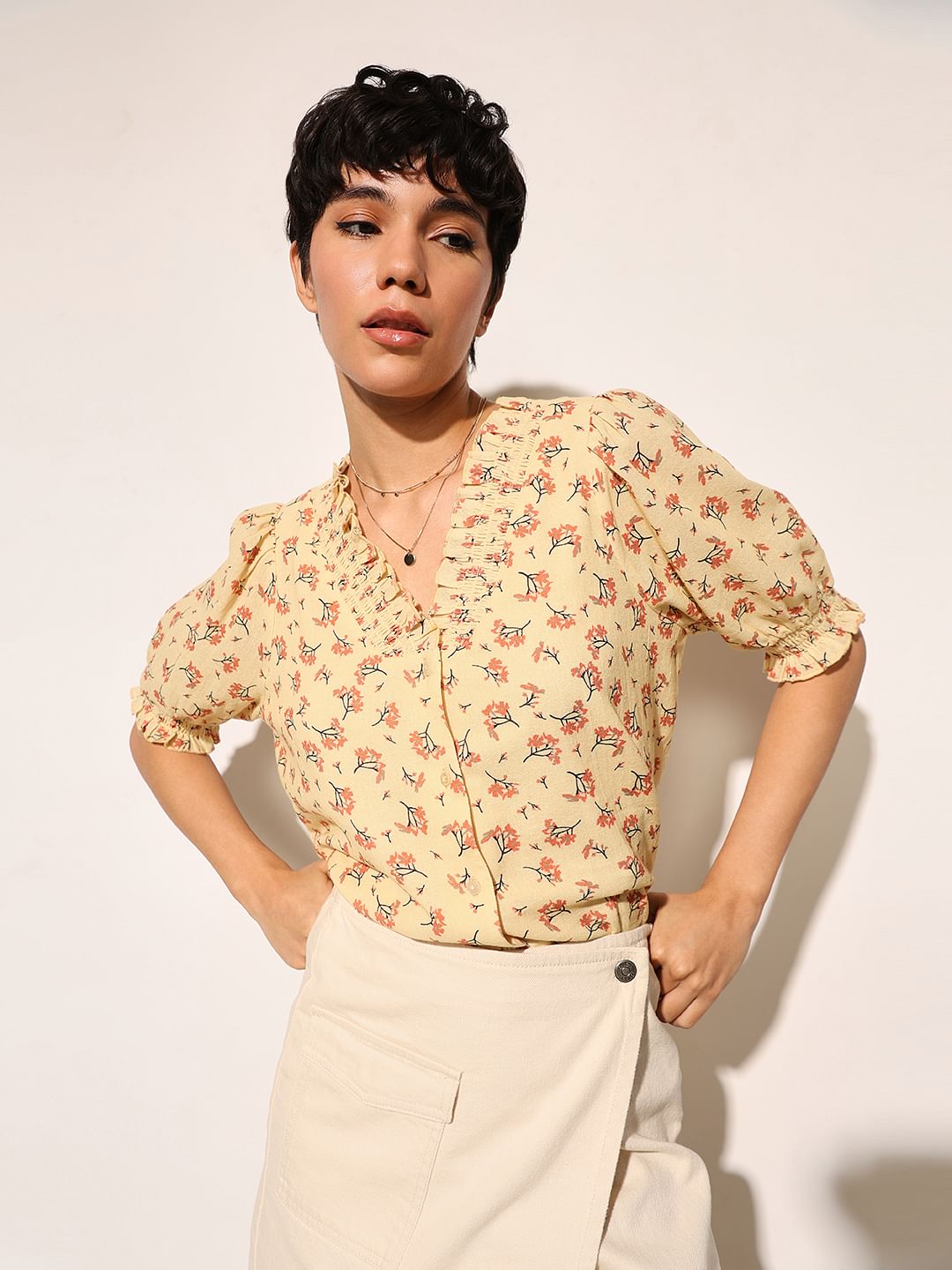 Yellow Printed Smocked Neck Top