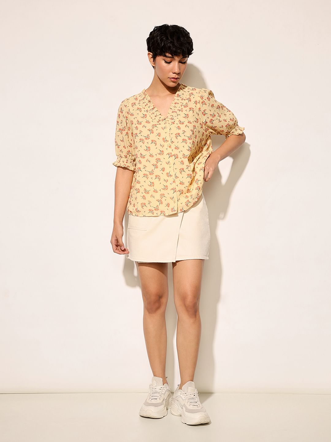 Yellow Printed Smocked Neck Top