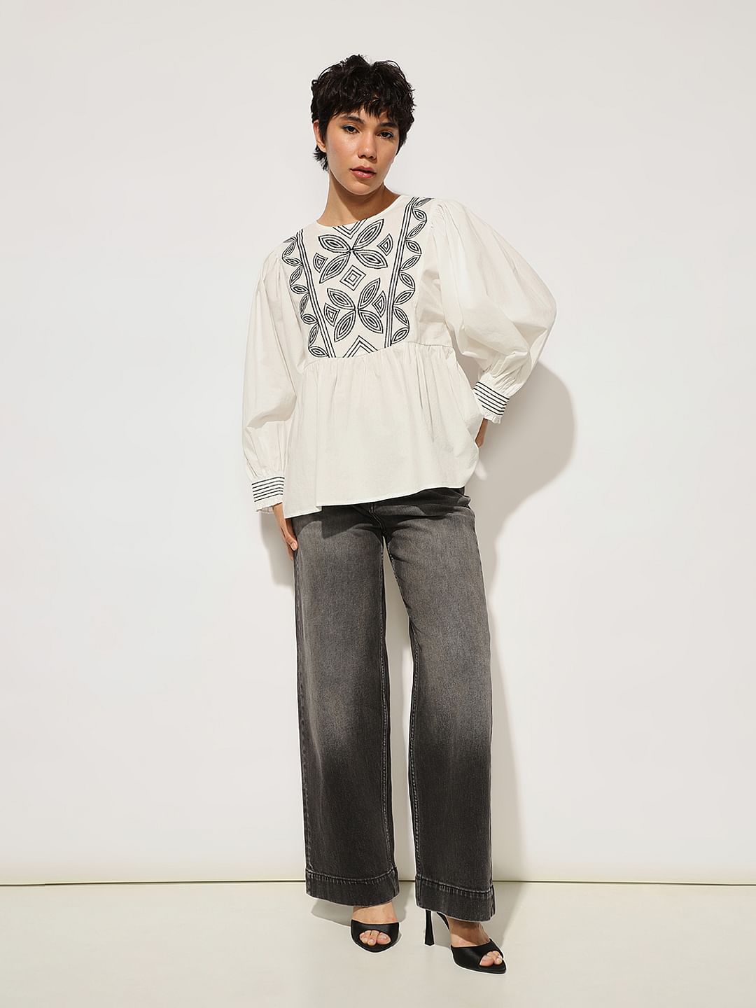 White Embroidered Balloon Sleeved Top