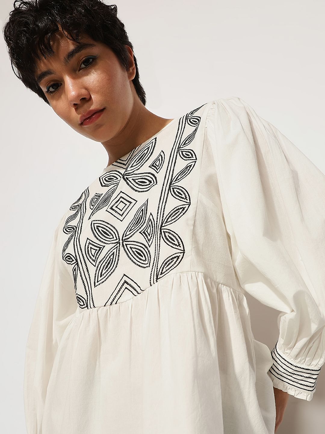 White Embroidered Balloon Sleeved Top