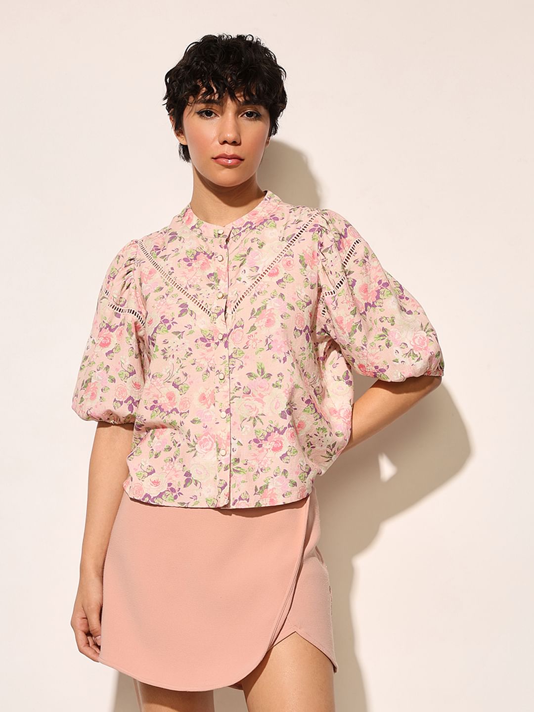 Pink Floral Puff Sleeves Top