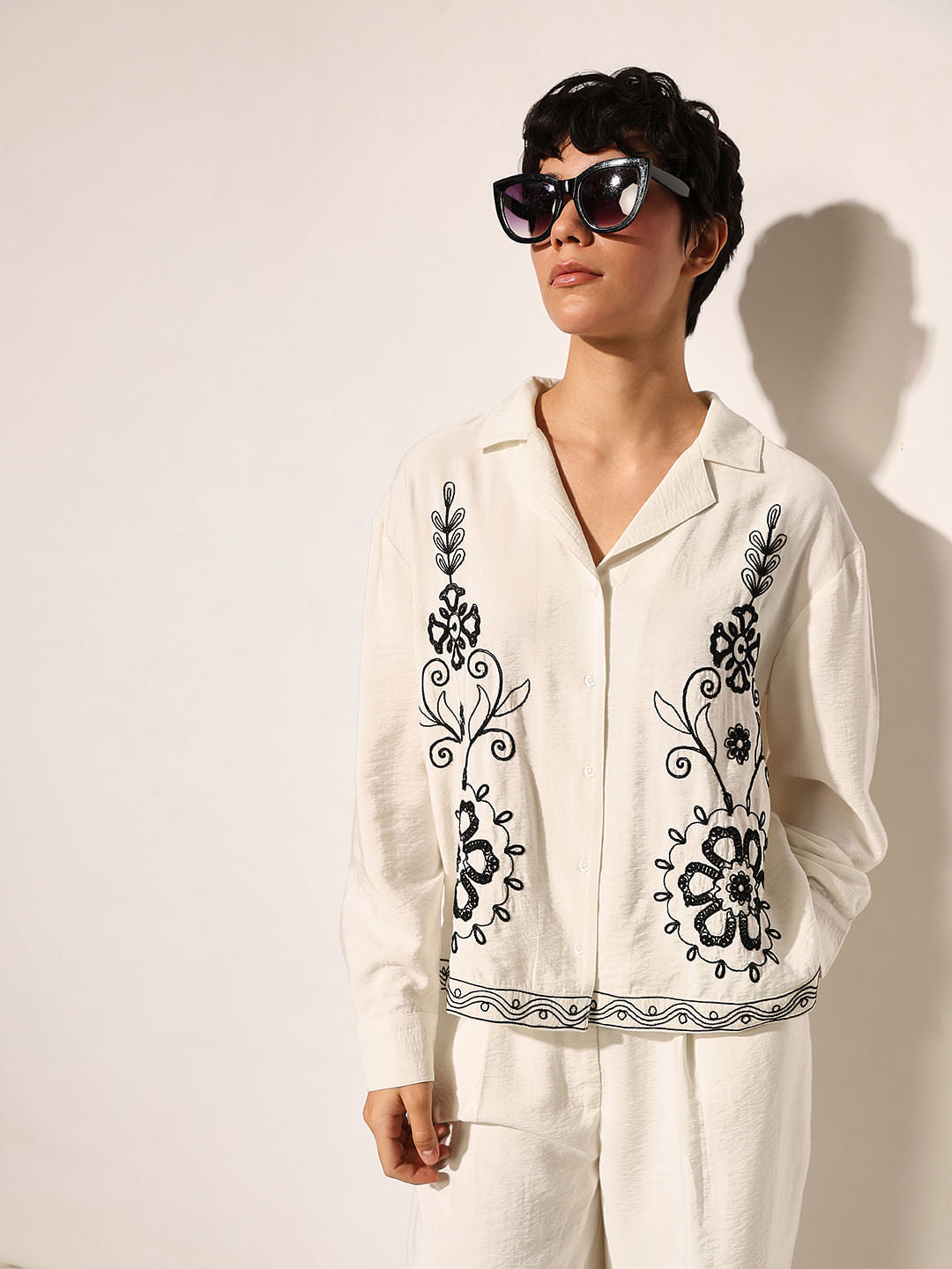 White Floral Embroidered Shirt