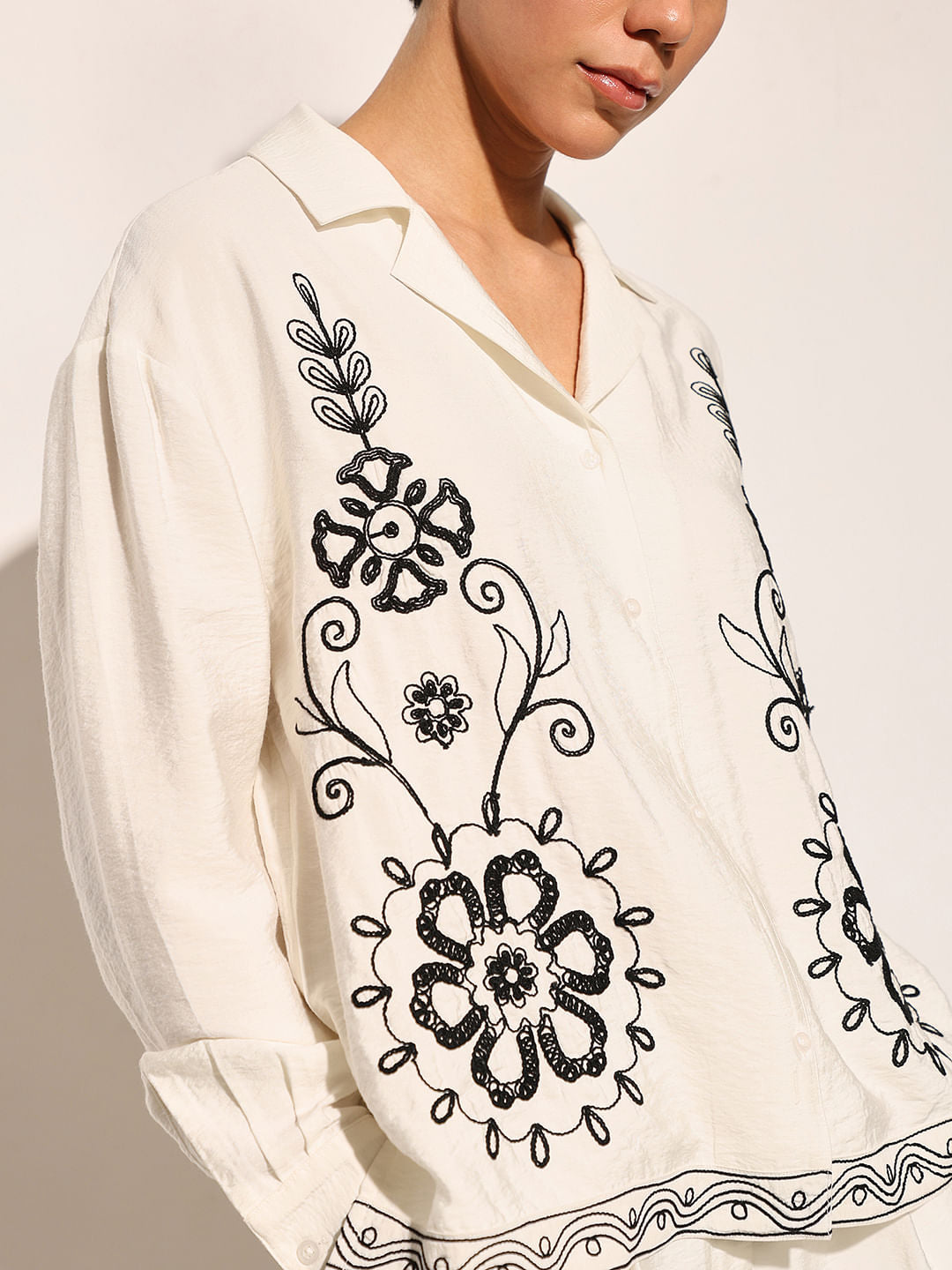 White Floral Embroidered Shirt