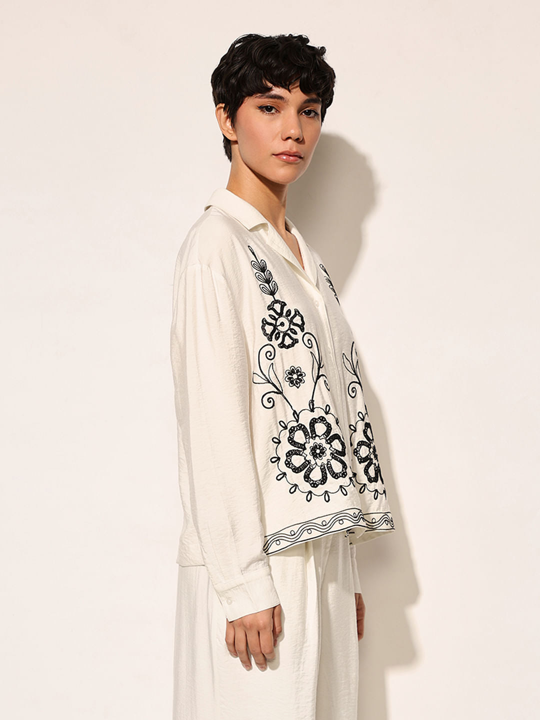 White Floral Embroidered Shirt