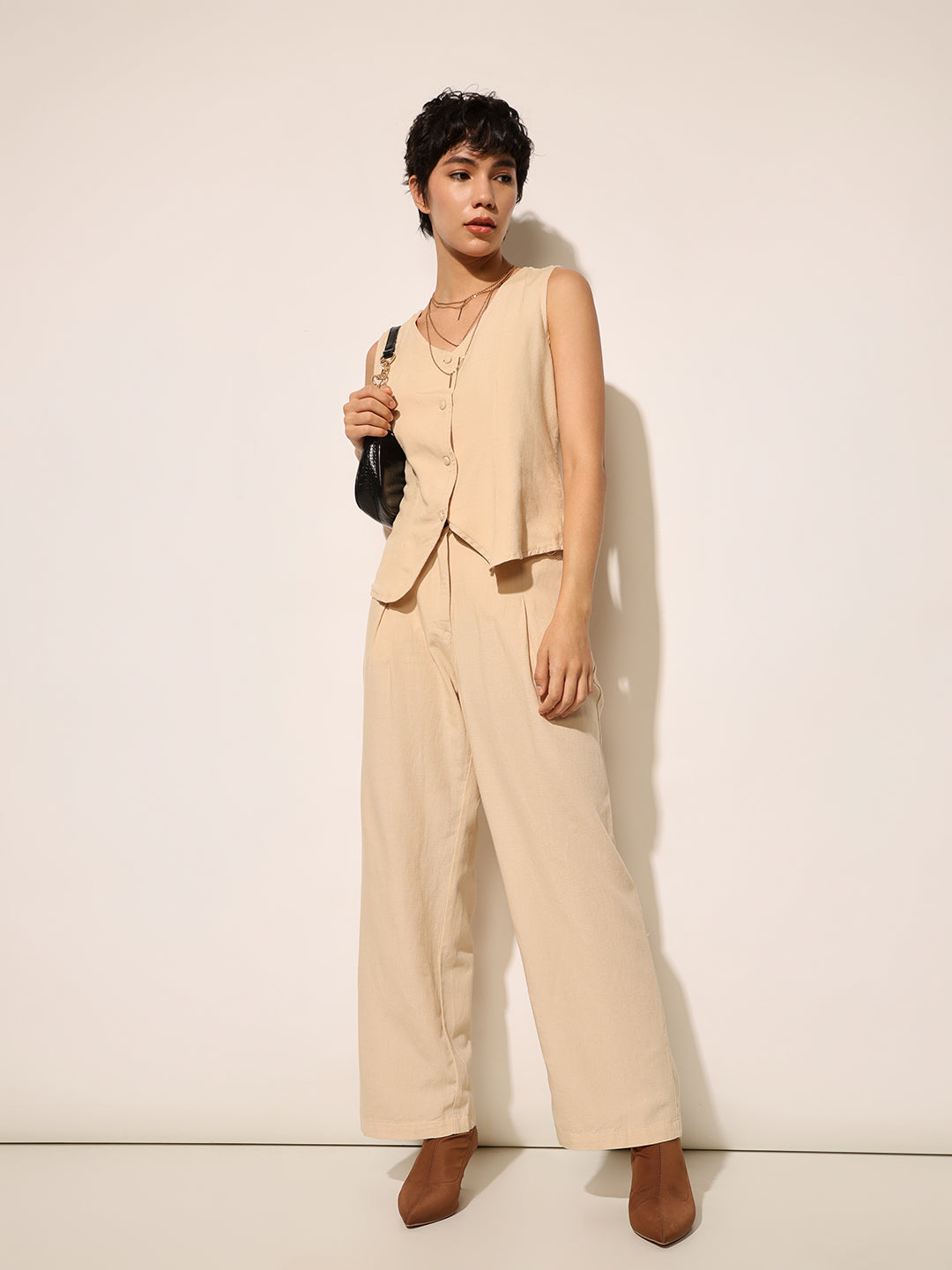 Beige Mid Rise Straight Fit Trousers