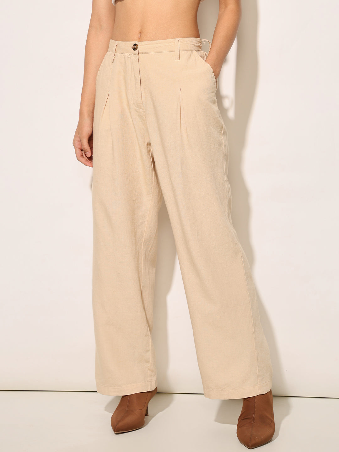 Beige Mid Rise Straight Fit Trousers
