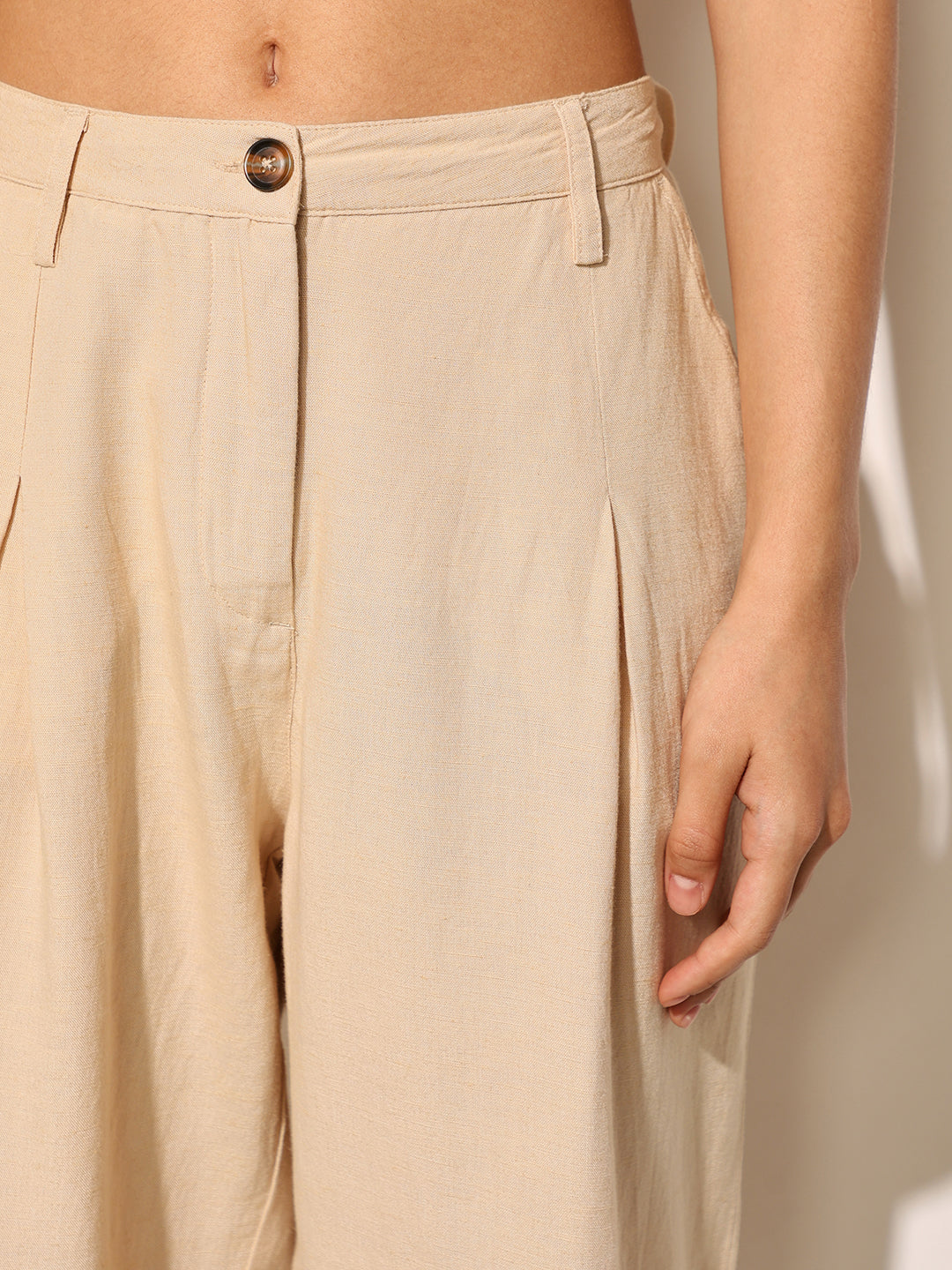 Beige Mid Rise Straight Fit Trousers