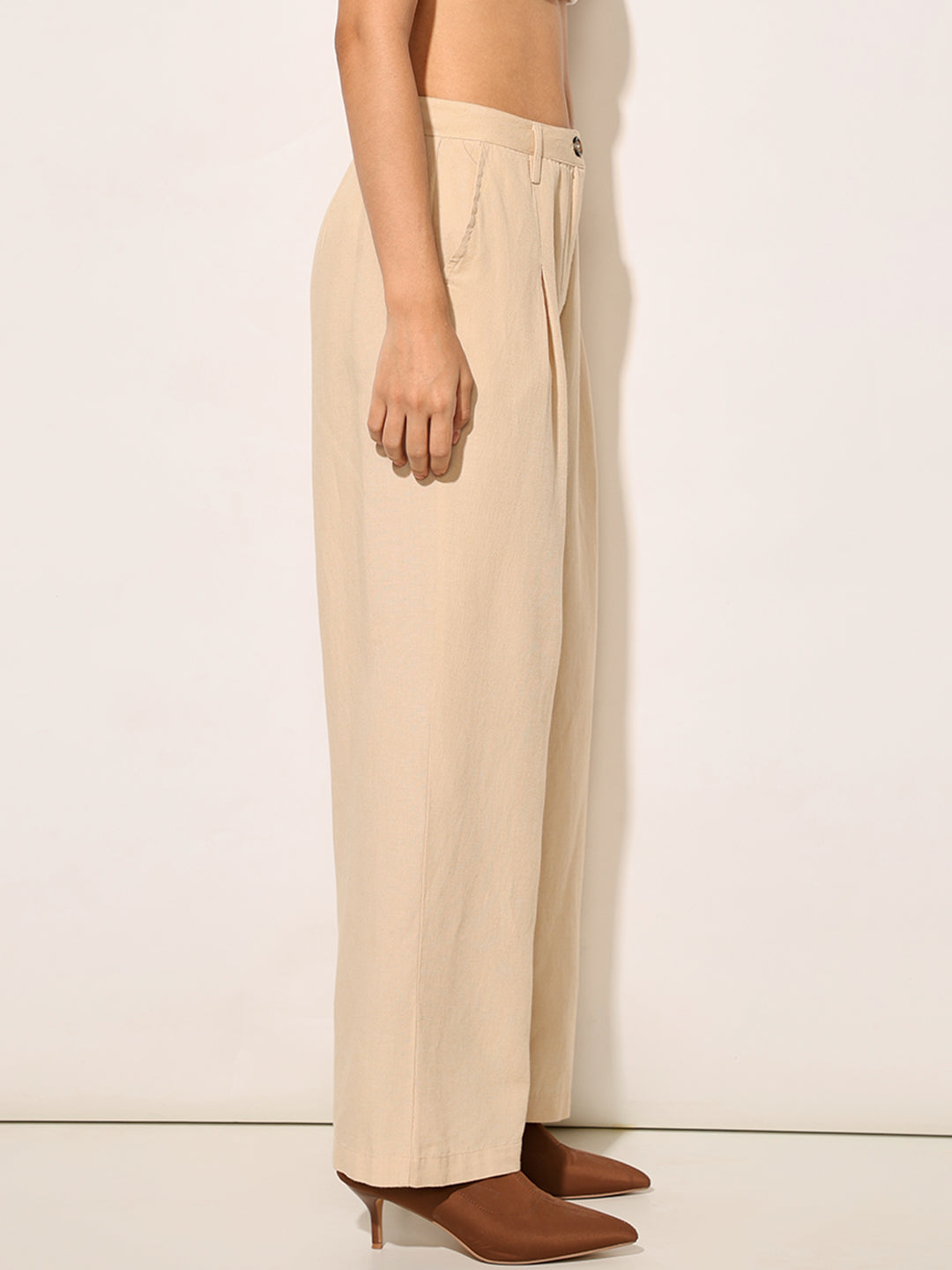 Beige Mid Rise Straight Fit Trousers