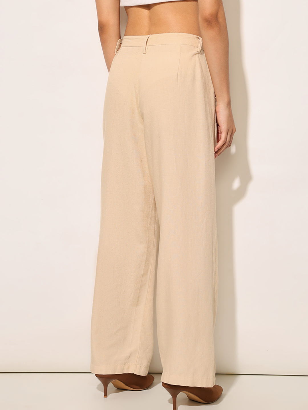 Beige Mid Rise Straight Fit Trousers