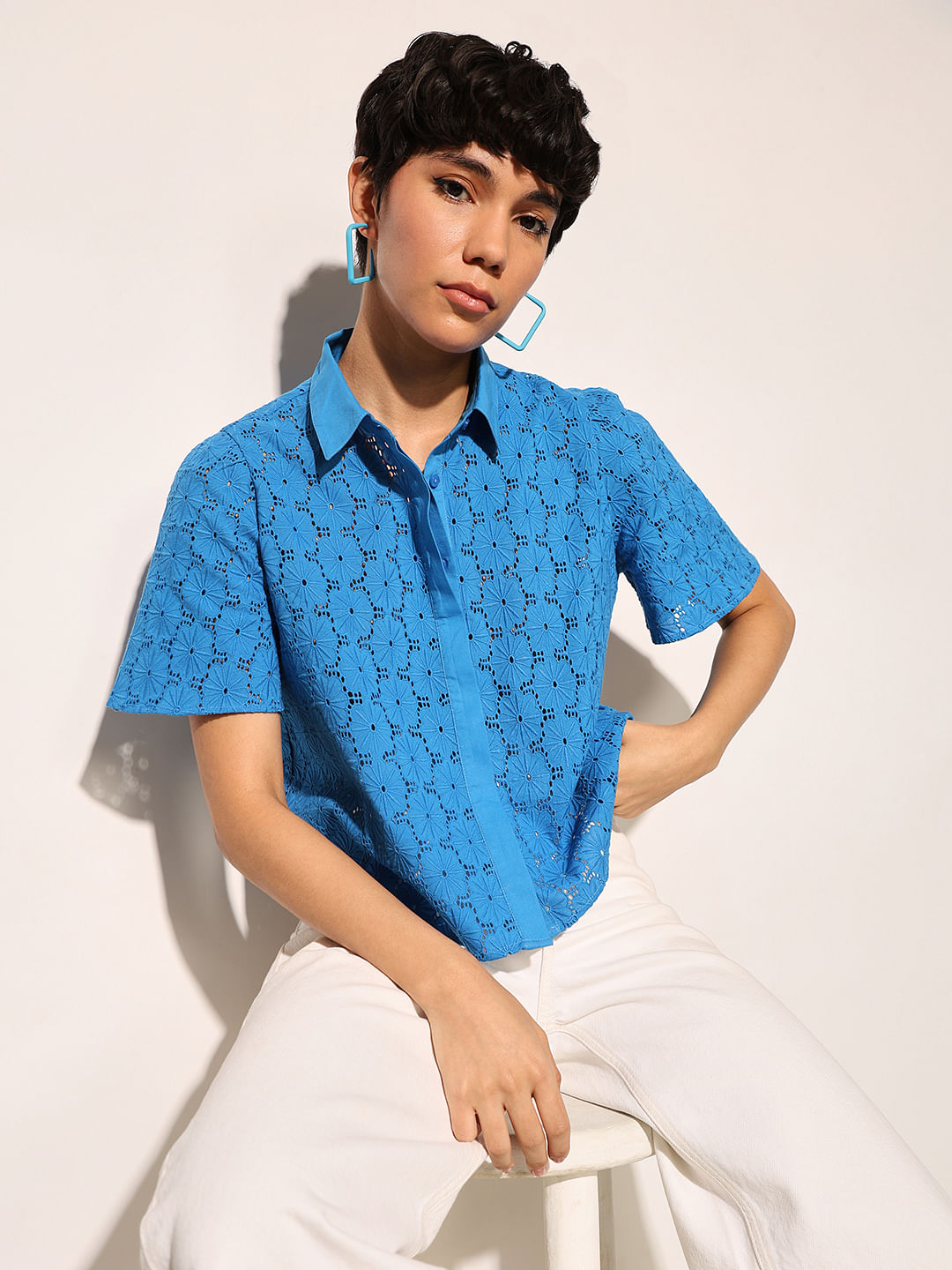 Blue Cotton Cropped Shirt