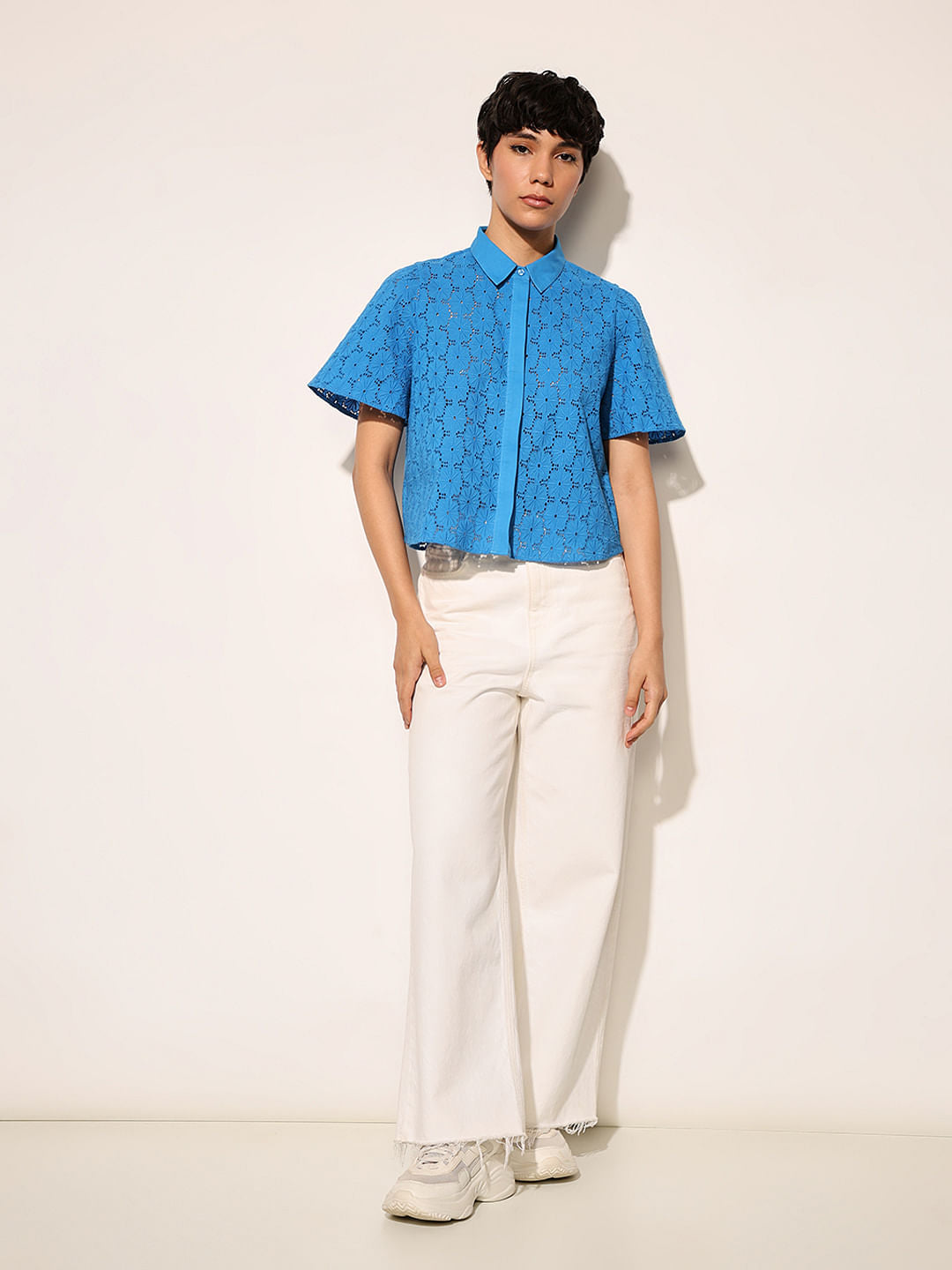 Blue Cotton Cropped Shirt