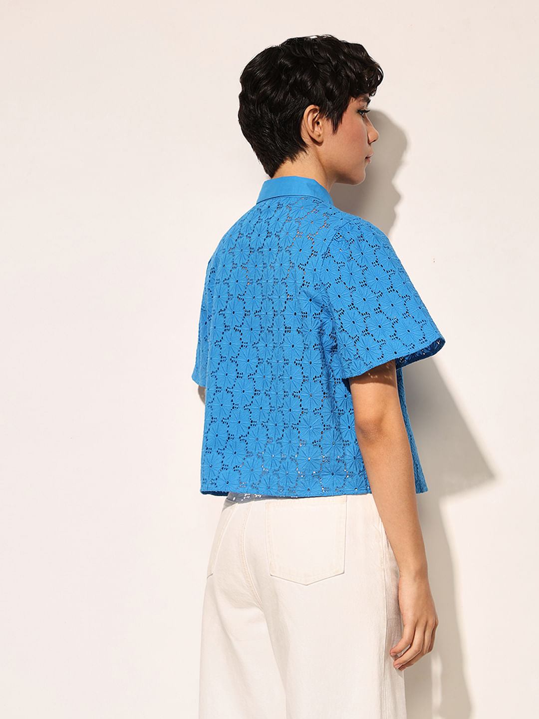 Blue Cotton Cropped Shirt