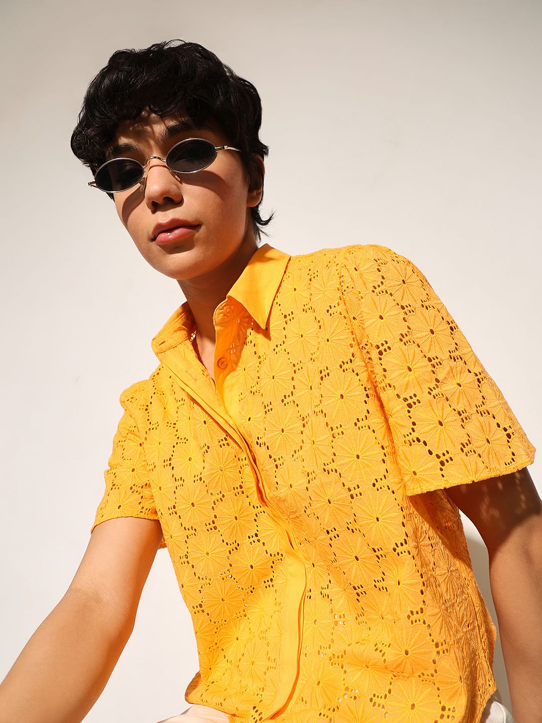 Yellow Schiffli Cotton Shirt