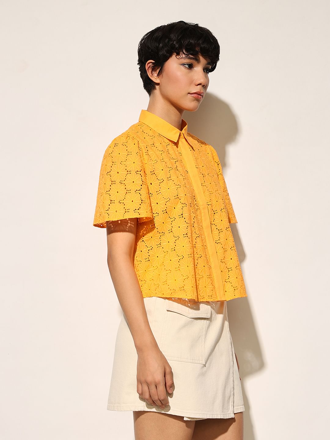 Yellow Schiffli Cotton Shirt