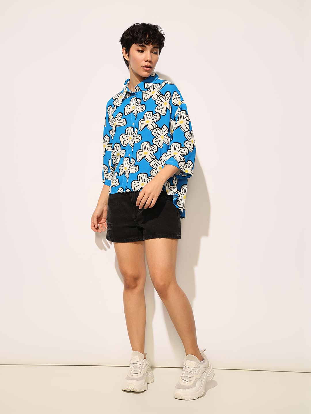 Blue Printed Oversized Viscose Shirt