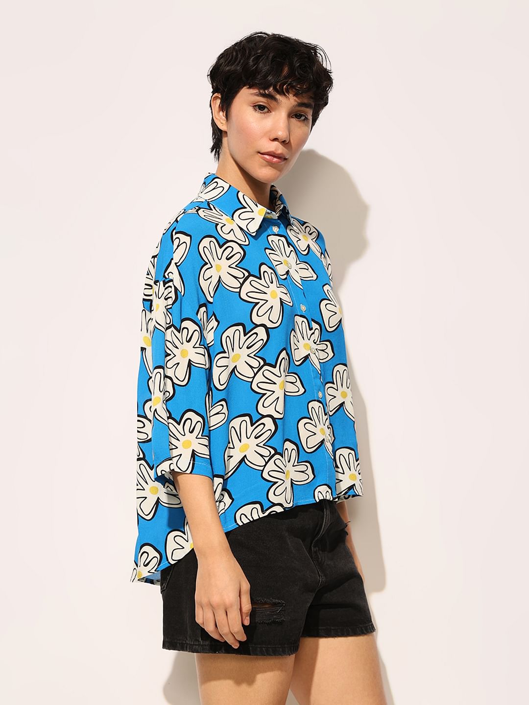 Blue Printed Oversized Viscose Shirt