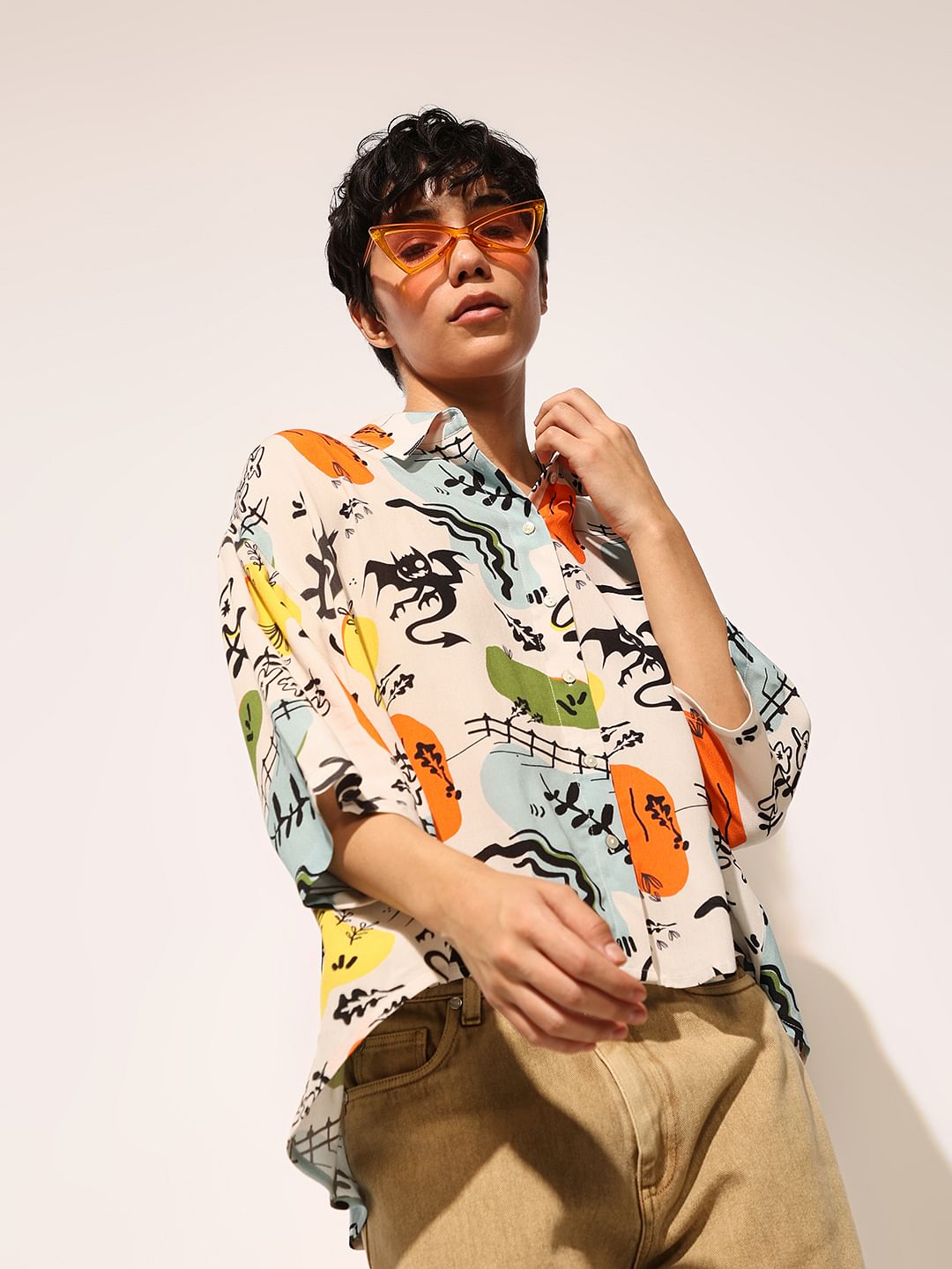 White Printed Oversized Viscose Shirt