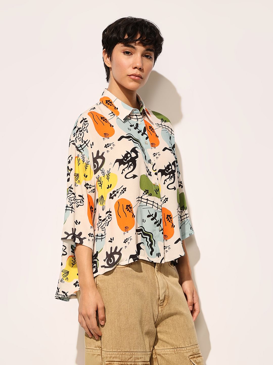 White Printed Oversized Viscose Shirt