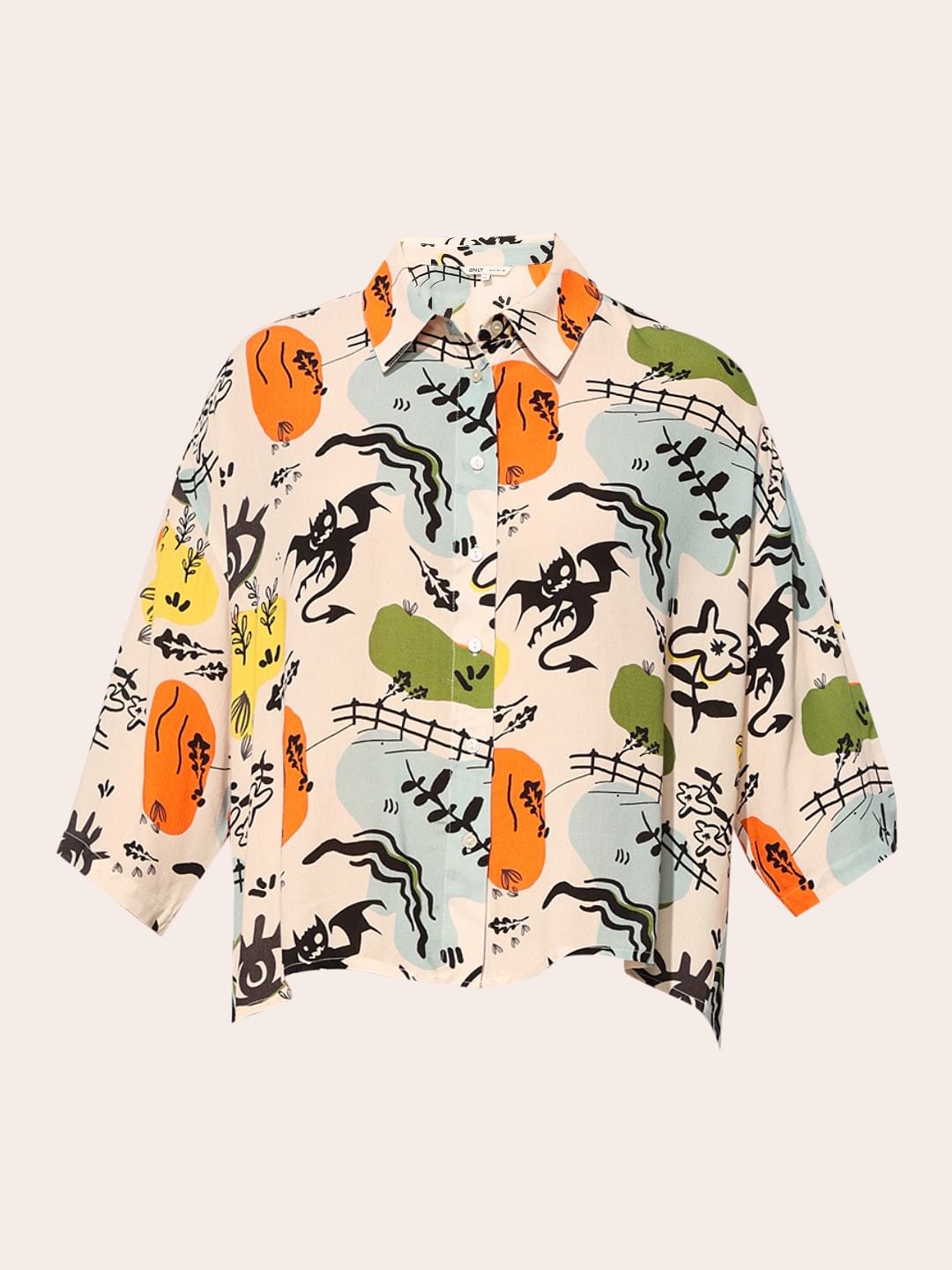 White Printed Oversized Viscose Shirt