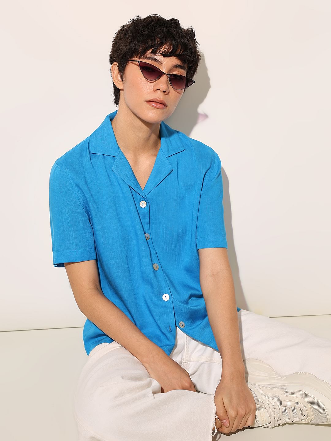 Blue Lapel Collar Viscose Shirt