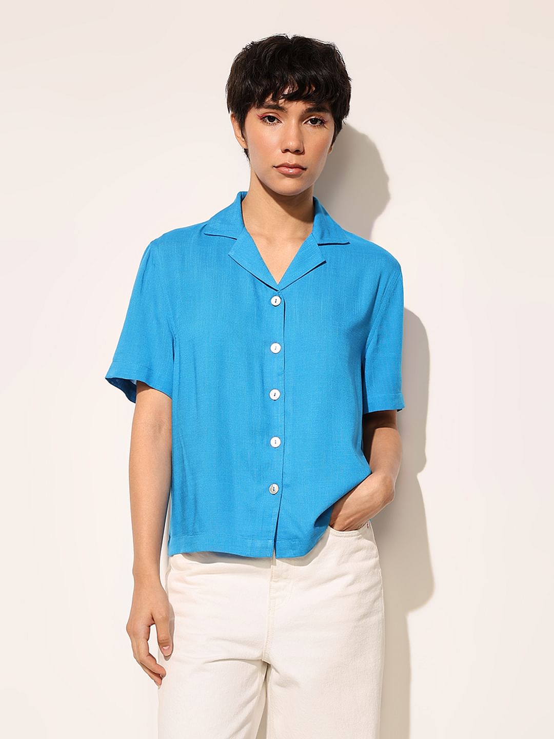 Blue Lapel Collar Viscose Shirt
