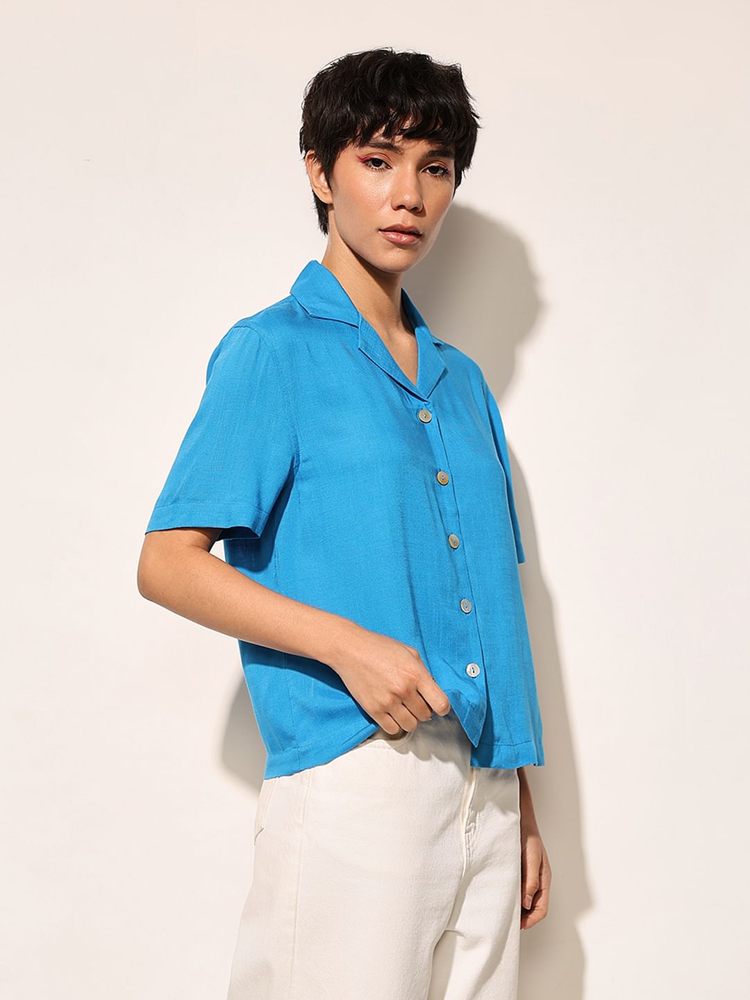 Blue Lapel Collar Viscose Shirt