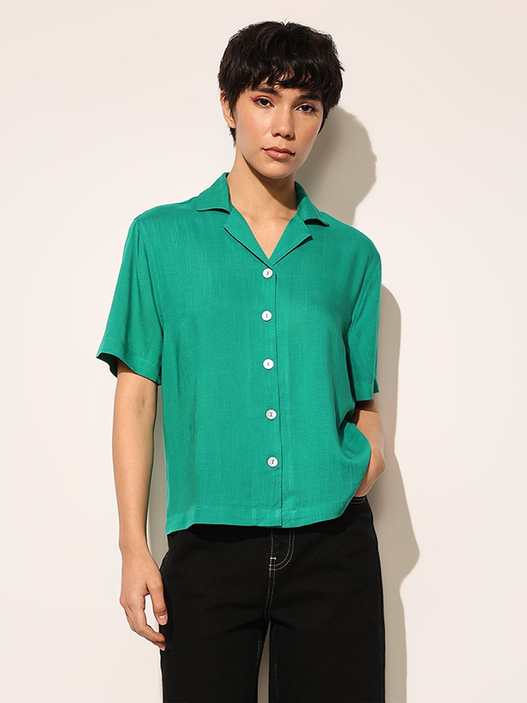 Green Lapel Collar Viscose Shirt