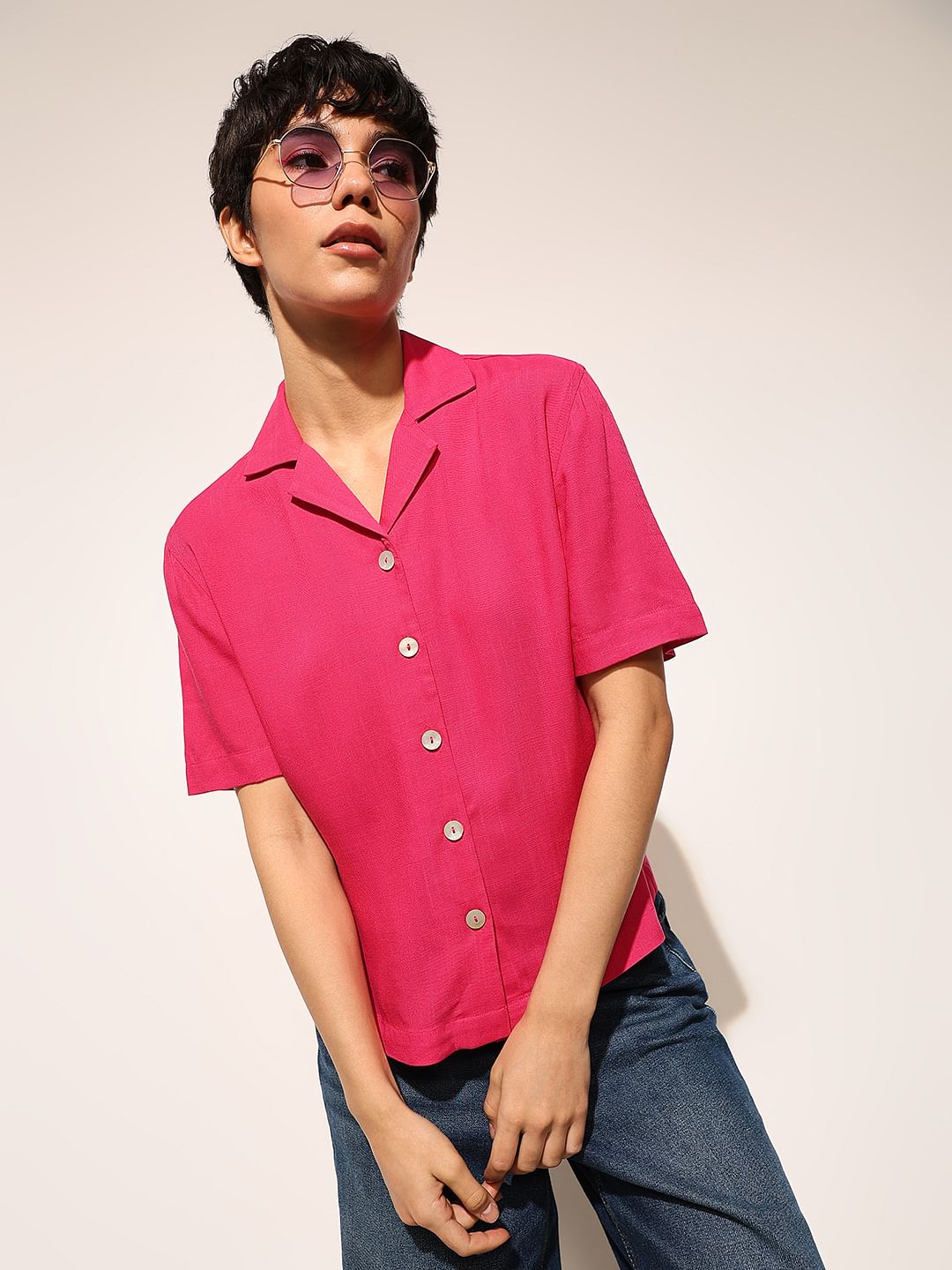 Pink Lapel Collar Viscose Shirt