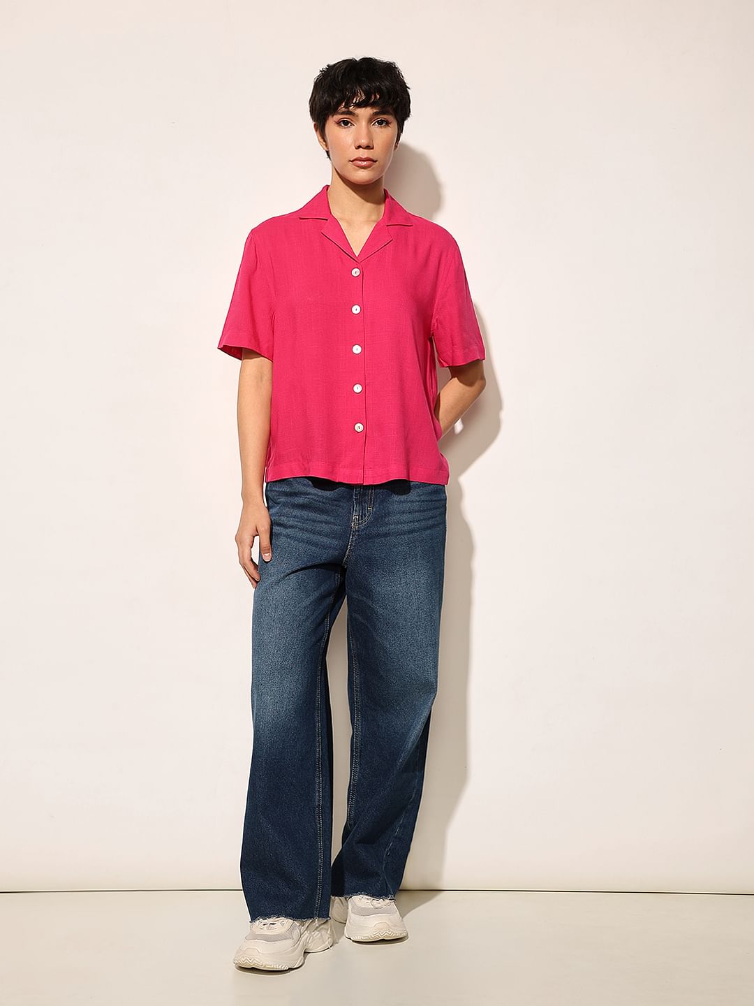 Pink Lapel Collar Viscose Shirt