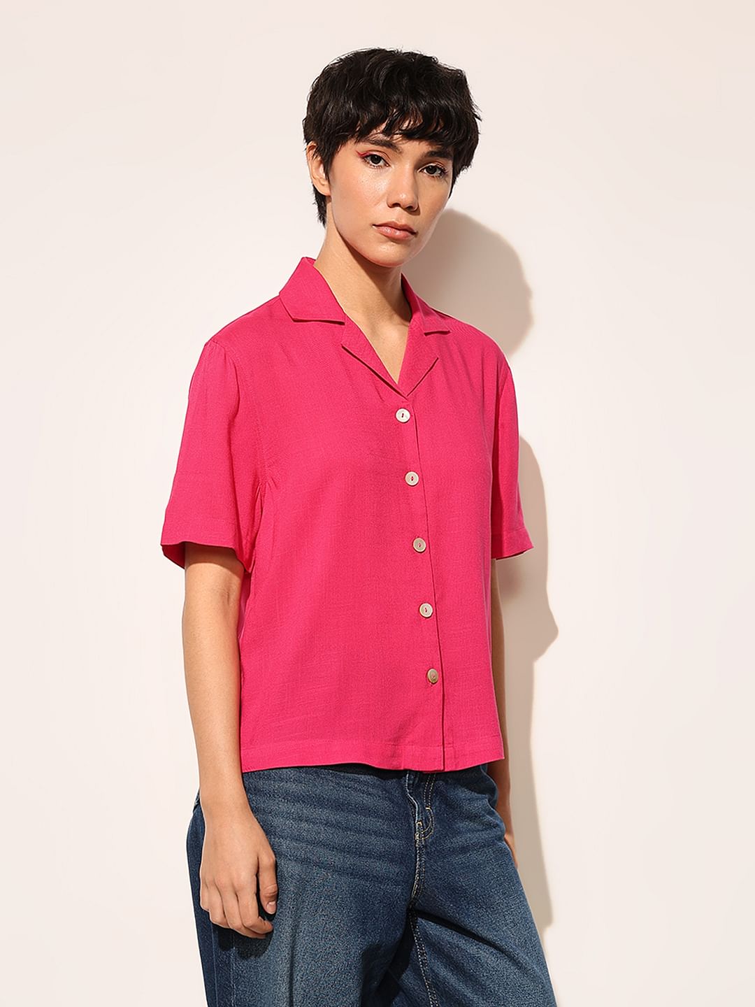 Pink Lapel Collar Viscose Shirt