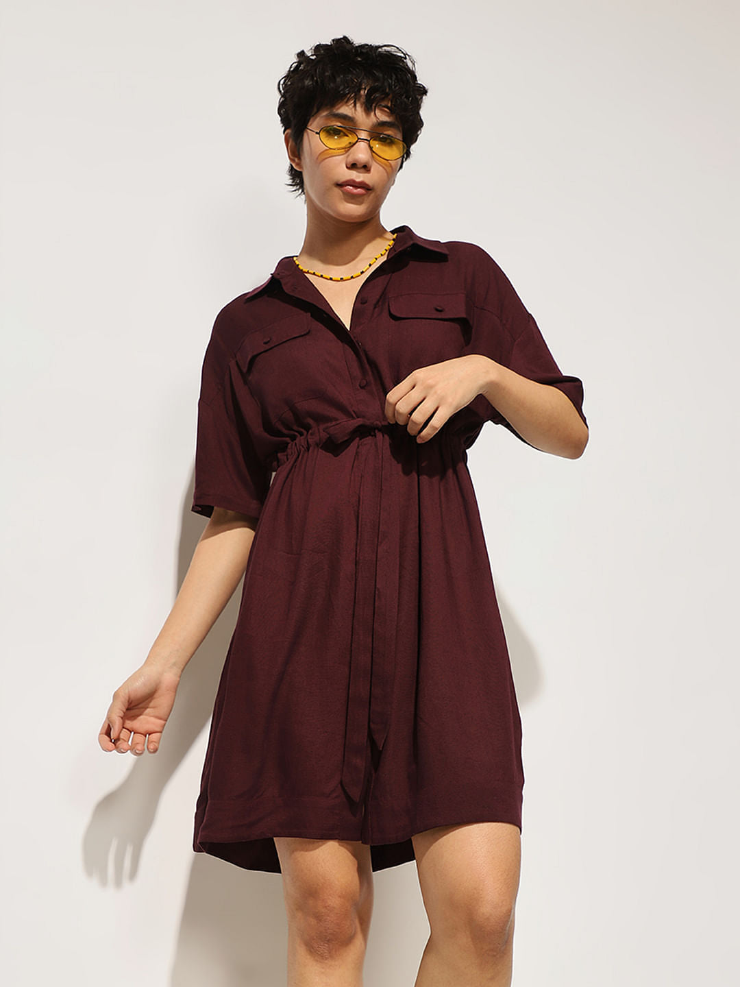 Maroon Tie Belt Shirt Dress