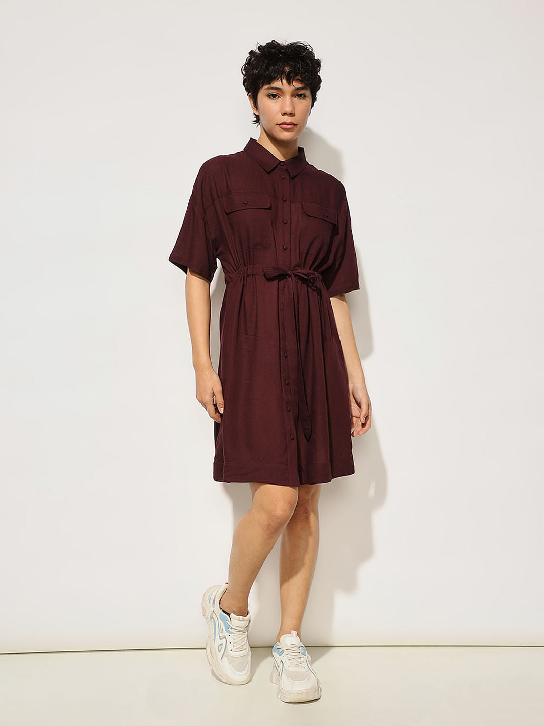 Maroon Tie Belt Shirt Dress