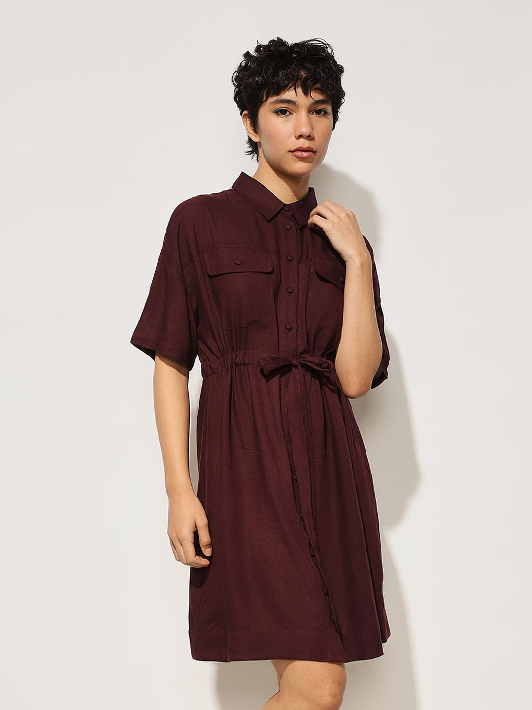Maroon Tie Belt Shirt Dress