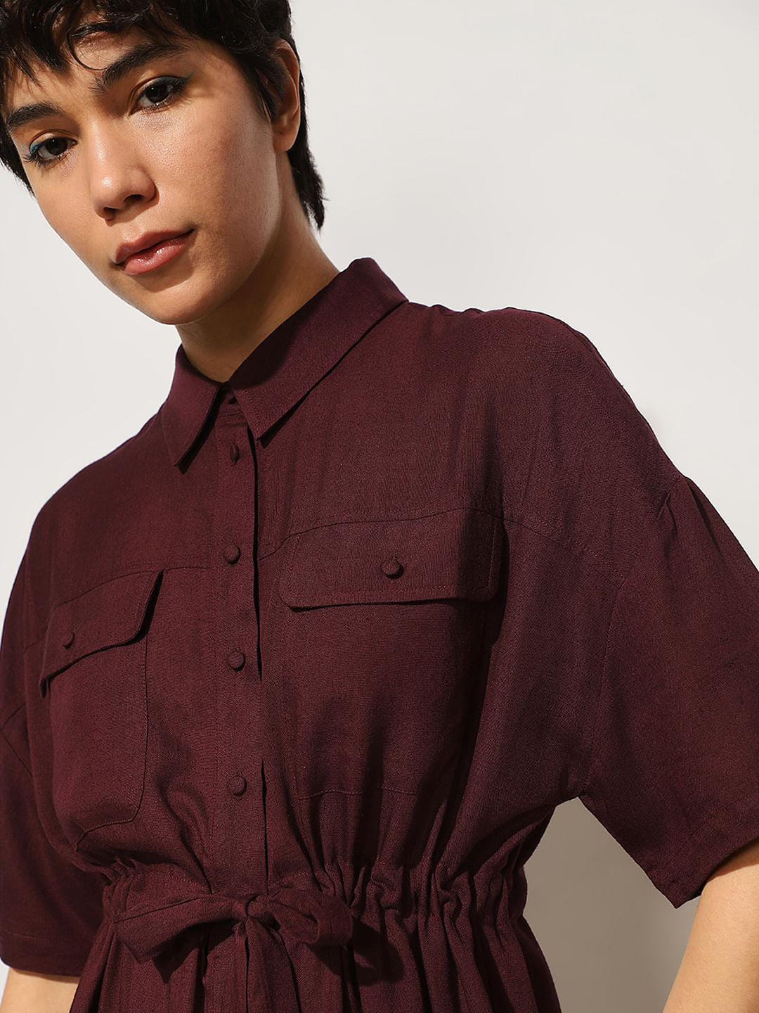 Maroon Tie Belt Shirt Dress