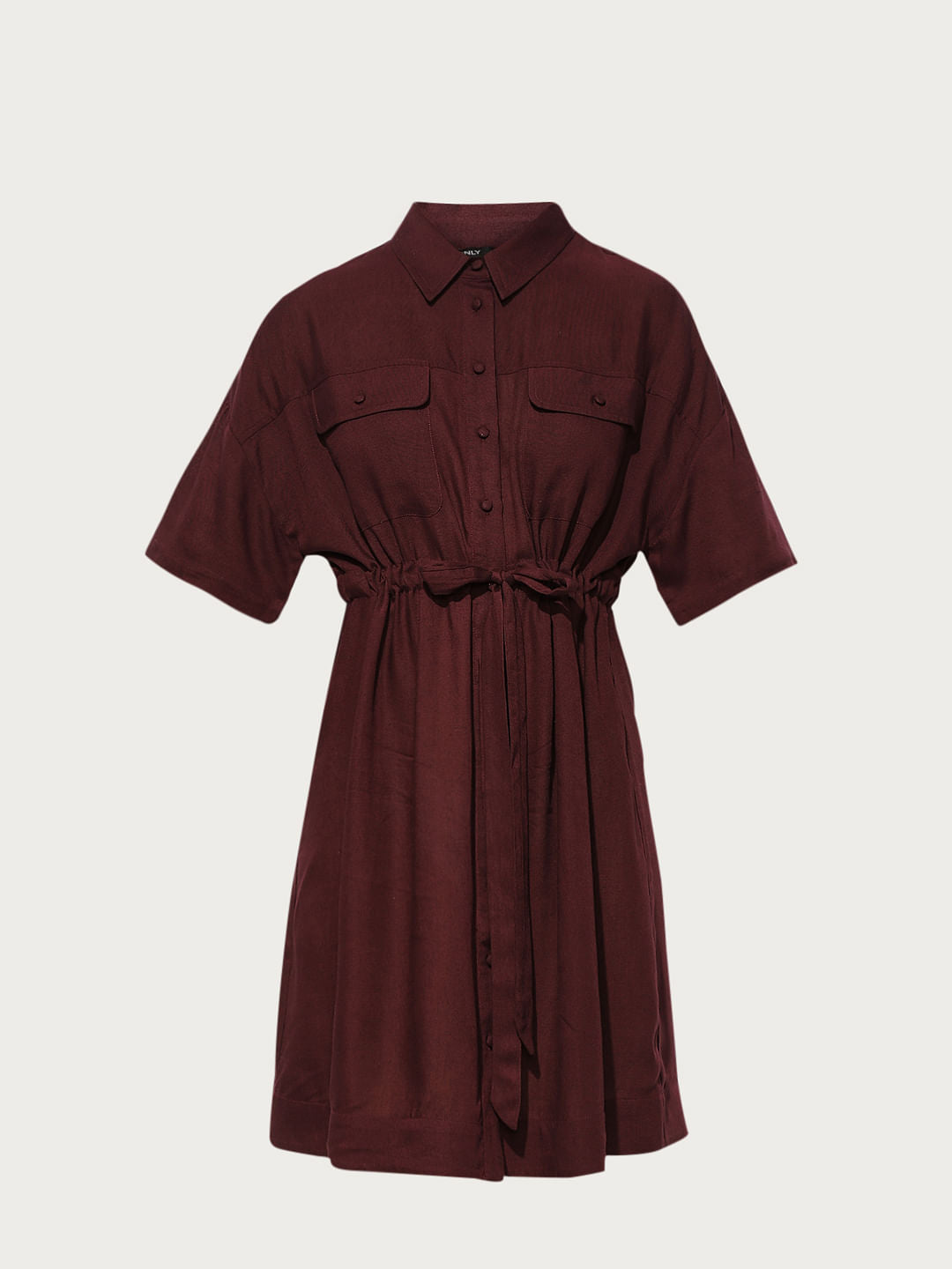 Maroon Tie Belt Shirt Dress