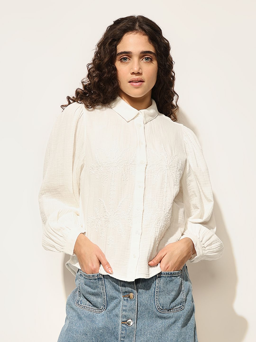 White Embroidered Cotton Shirt