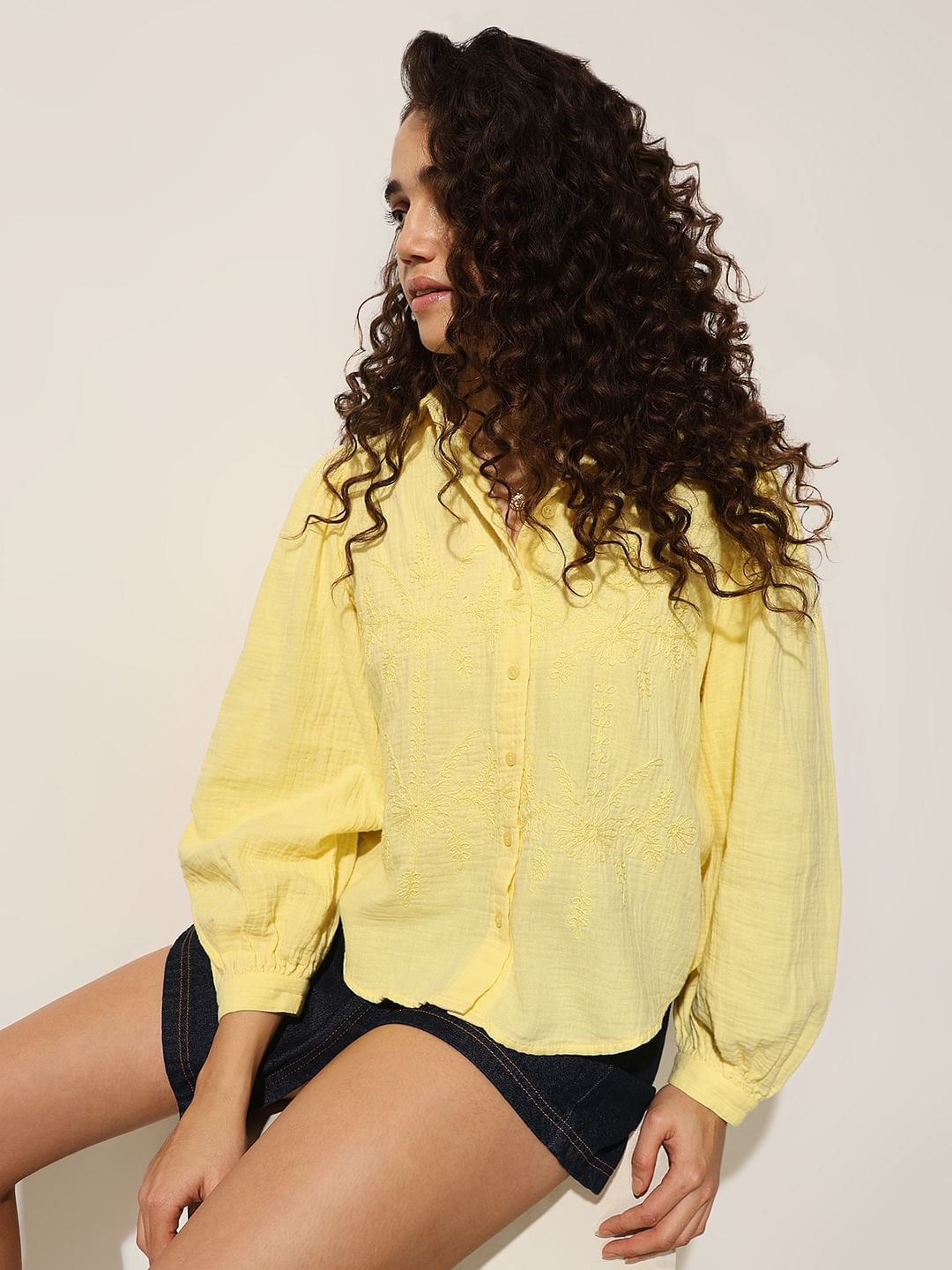 Yellow Embroidered Cotton Shirt - XXL