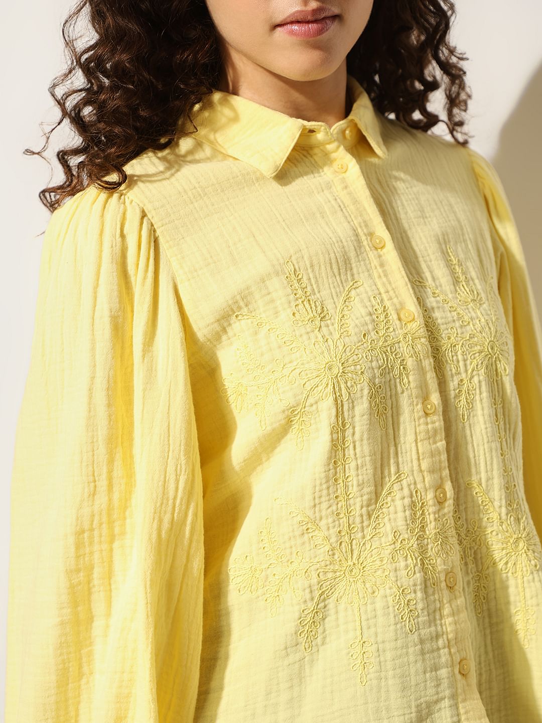 Yellow Embroidered Cotton Shirt