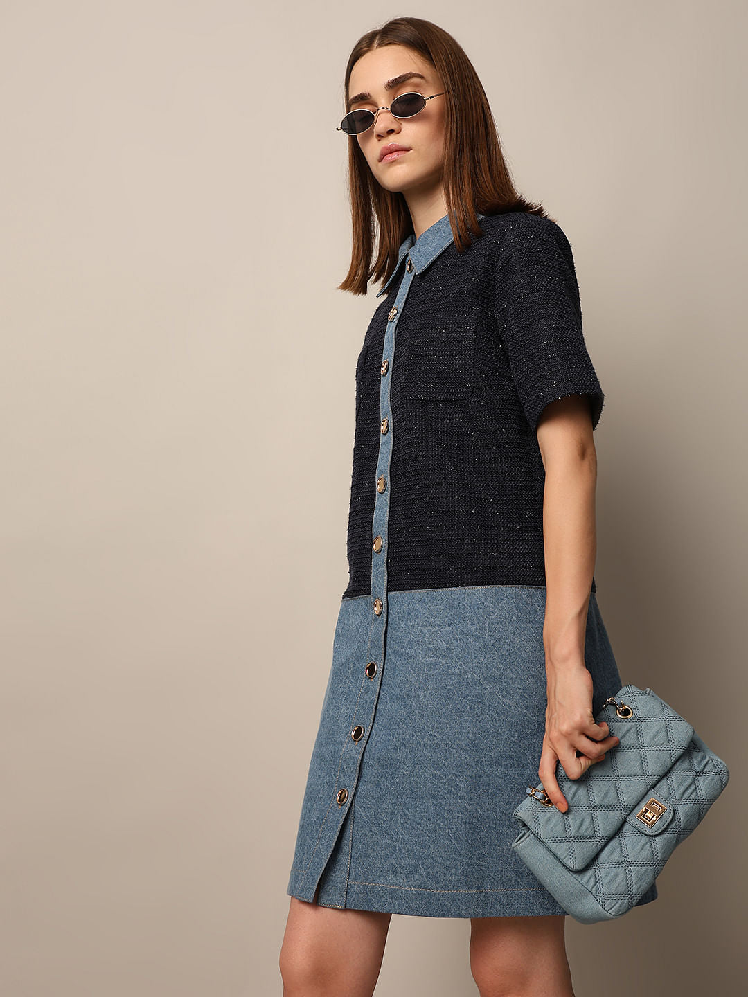 Blue Half Shimmer Denim Dress - 34