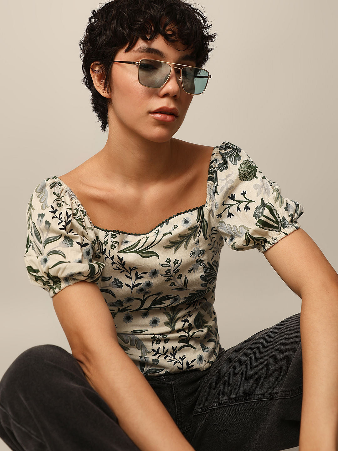 White Printed Puff Sleeves Top