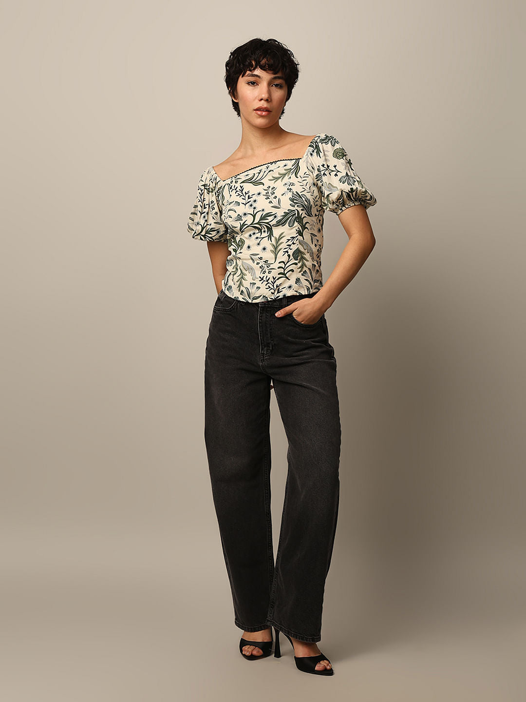 White Printed Puff Sleeves Top