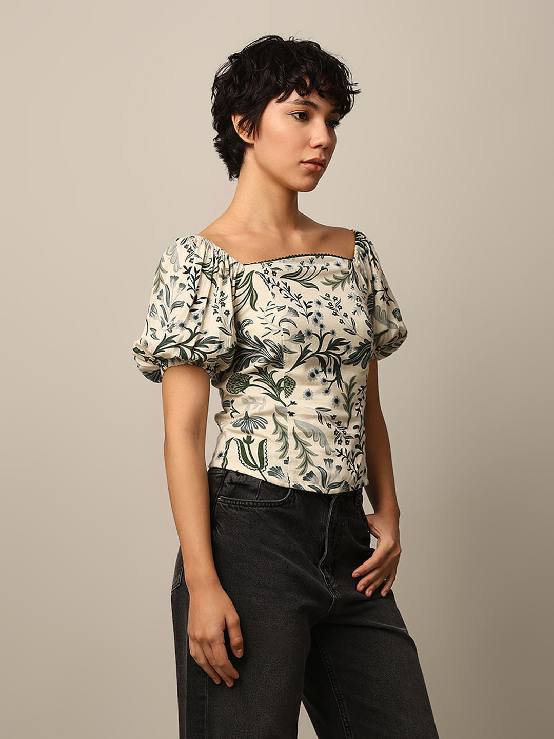 White Printed Puff Sleeves Top