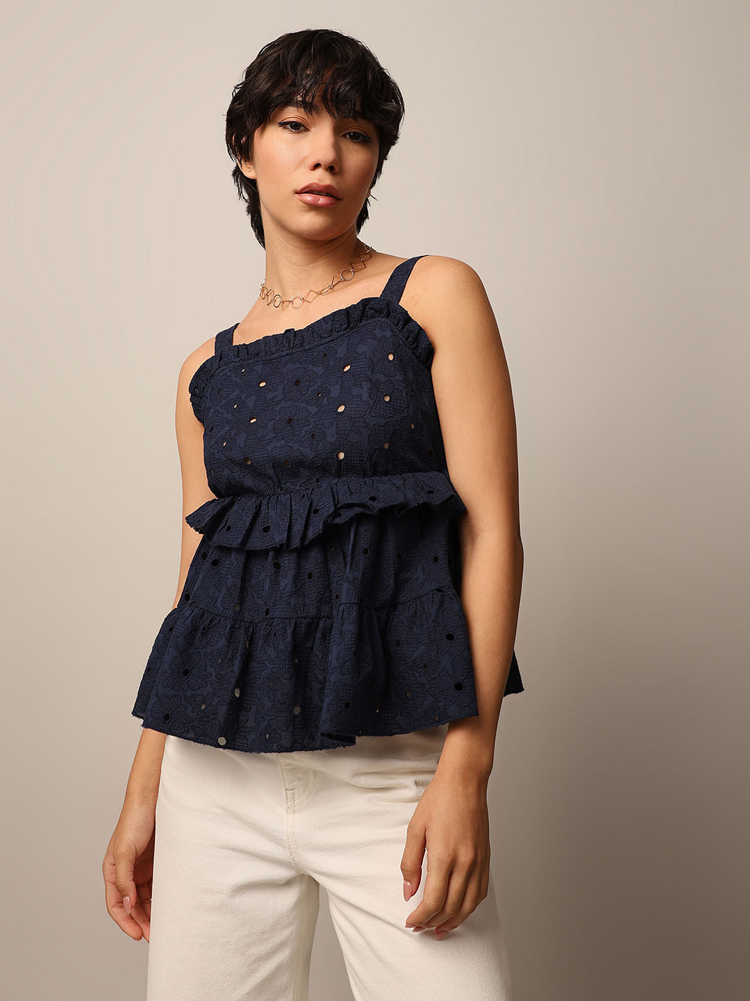 Dark Blue Strap Embroidered Top