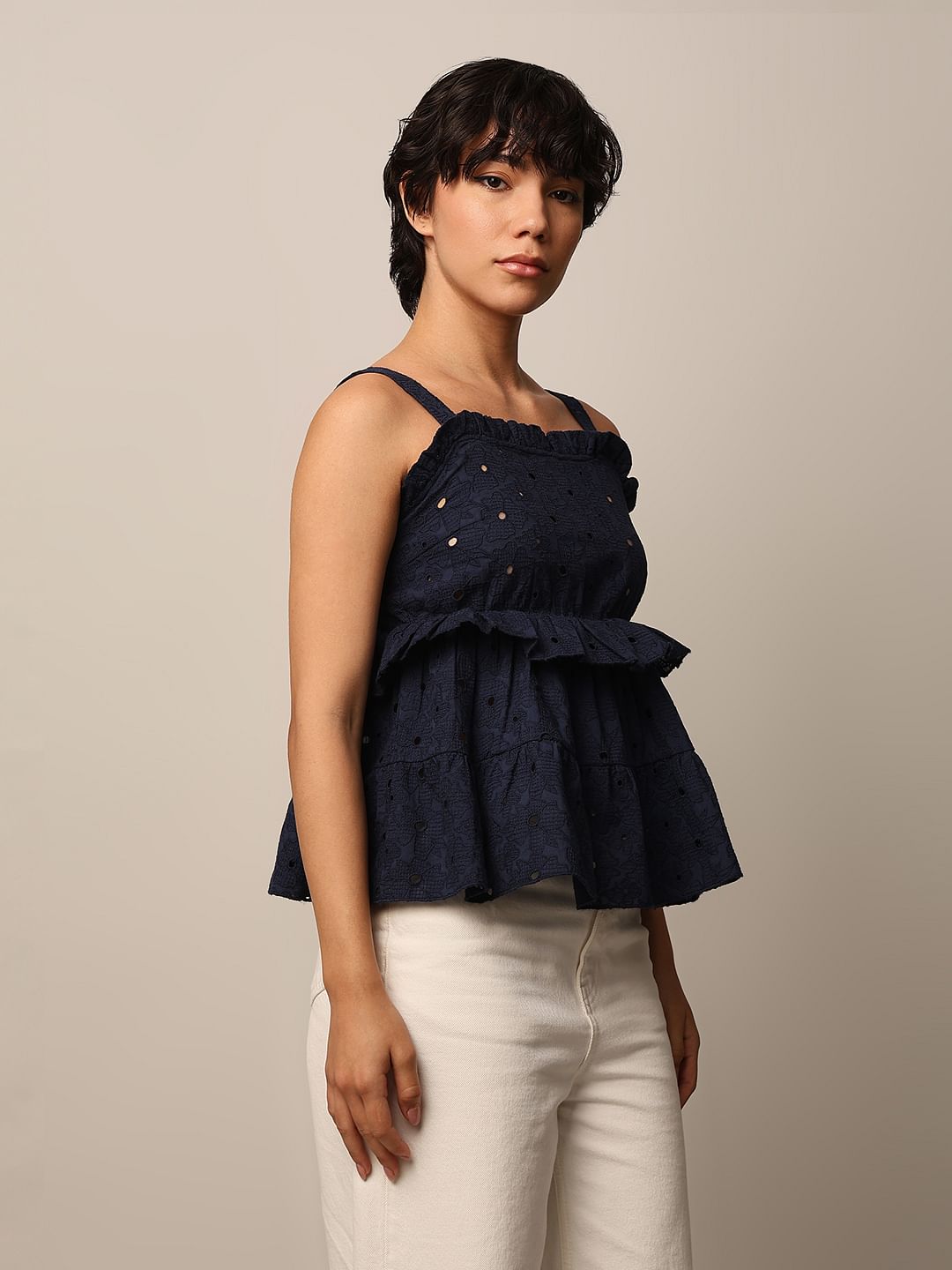 Dark Blue Strap Embroidered Top