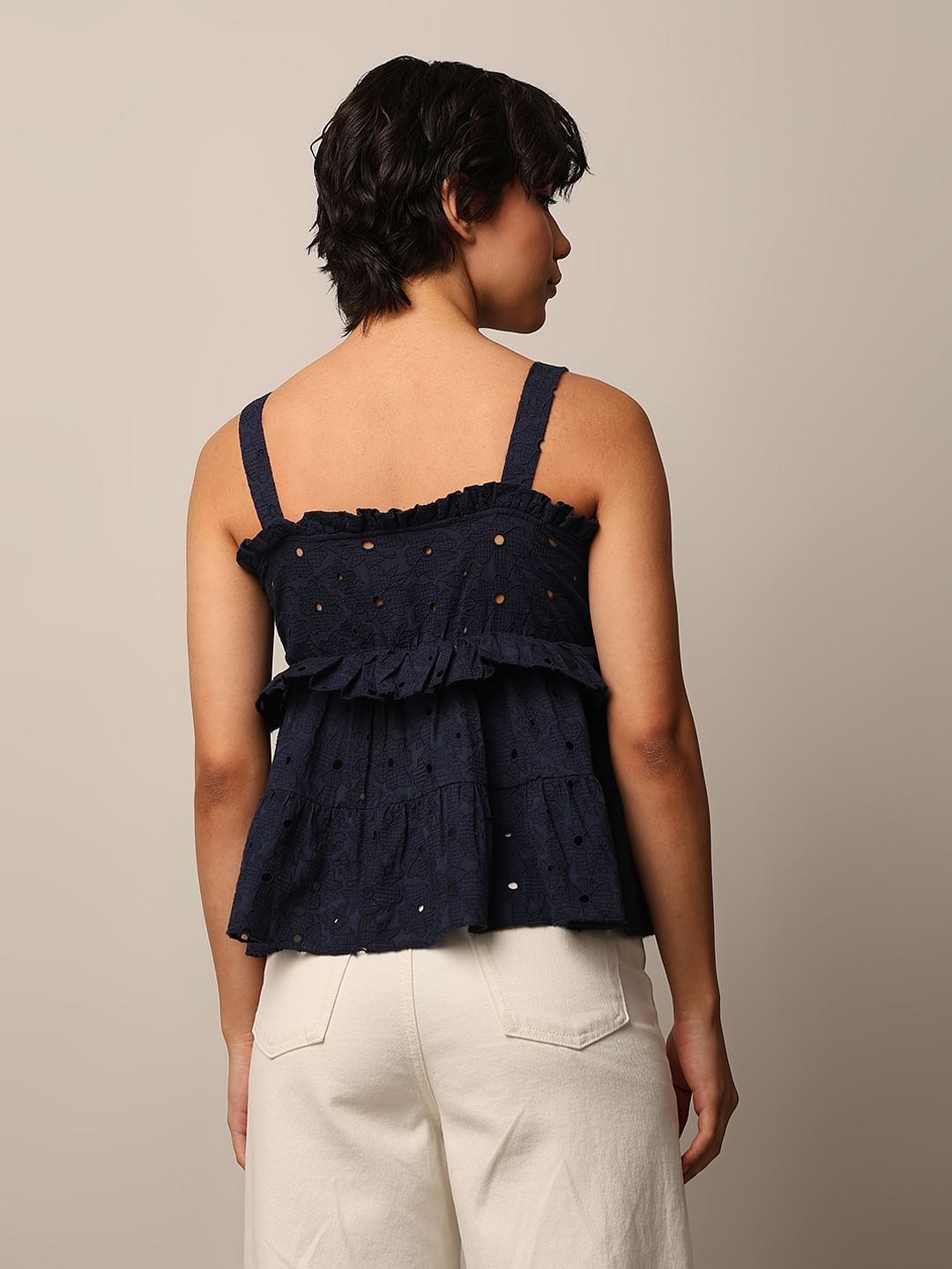 Dark Blue Strap Embroidered Top
