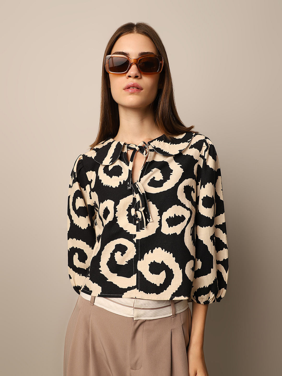 Black Printed Tie Detail Top