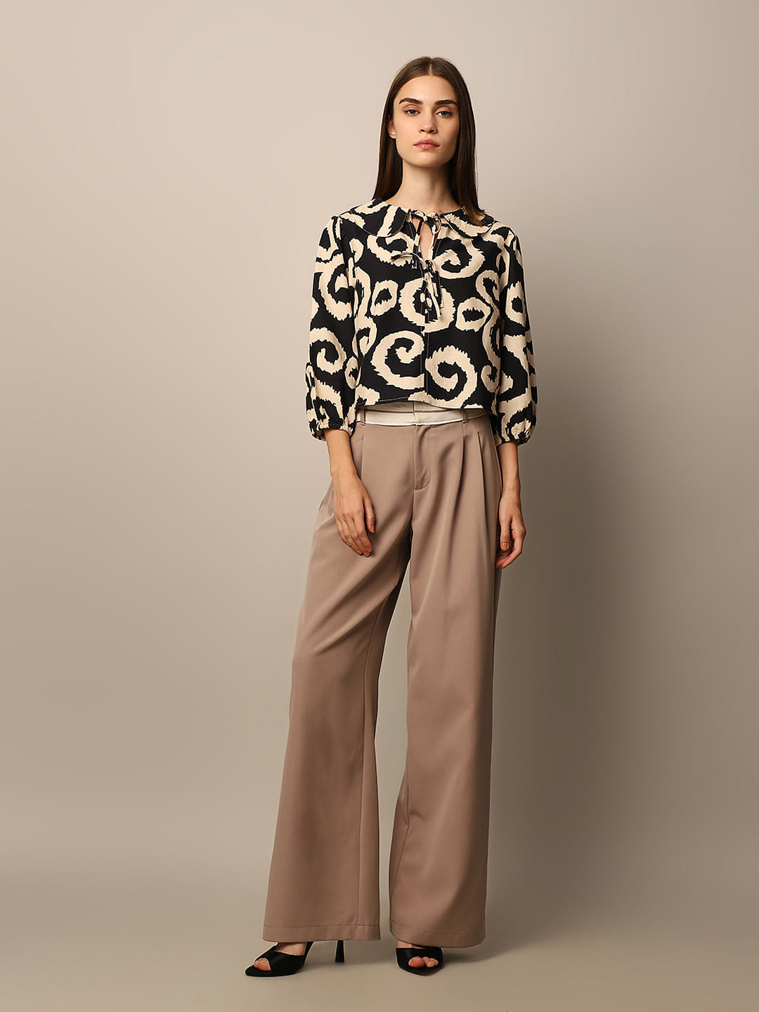 Black Printed Tie Detail Top