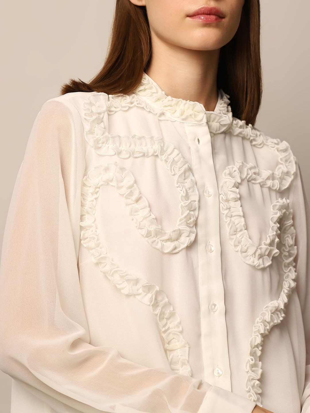 WHITE REGULAR FIT FRILL SHIRT